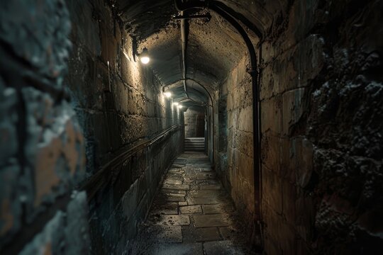 A moody and atmospheric shot of an old, dimly lit underground passage with weathered walls and a mysterious end.