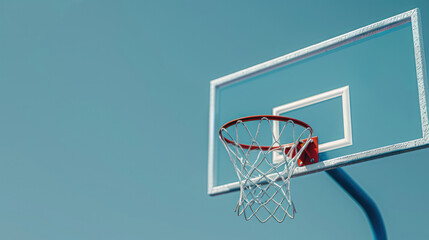 Red basketball hoop with a clear glass backboard over blue background with copy space, Generative AI