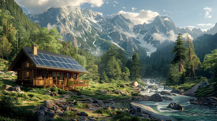 Renewable retreat: mountain-forest home harnesses solar - obrazy, fototapety, plakaty