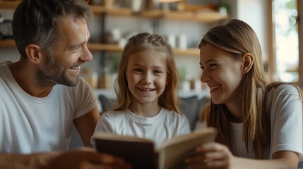 The children are joyfully reading books with their parents, enjoying quality time together