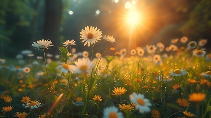 Sun-kissed meadow at dawn, dew on flowers, light filtering through trees, peaceful vibe, essence of early morning  - obrazy, fototapety, plakaty