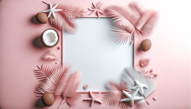 Minimalist tropical frame with coconuts and seashells on a pastel pink background. Nature-inspired design. Generative AI