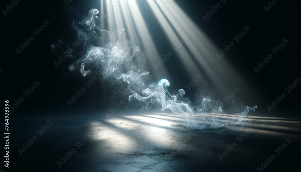 Poster ethereal blue smoke trails on dark background with spotlight. visual art and design concept. generat