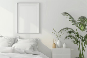 Mock up frame in Serene Minimalist Bedroom with White Bed and Decorative Items