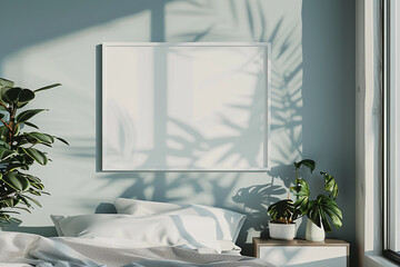 Mock up frame in Minimalist Bedroom with Sunlit White Picture Frame and Indoor Plants