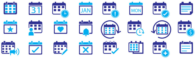 Calendar icon set. Containing date, schedule, month, week, appointment, agenda, organization and event icons. Solid icon collection. Vector illustration. calendar icon 