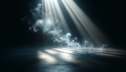 Ethereal blue smoke trails on dark background with spotlight. Visual art and design concept. Generative AI - obrazy, fototapety, plakaty