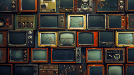 Collection of old-fashioned televisions with retro screens mounted on a wall