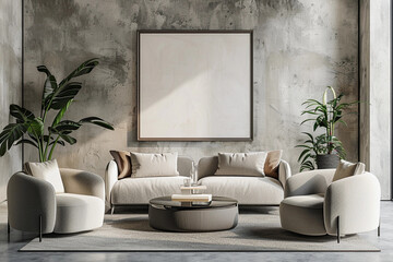 Mock up frame in Modern Minimalist Living Room with Concrete Wall and Chic Decor