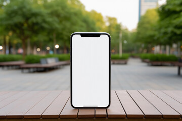 Smartphone Mock-up on Wooden Bench in Urban Park