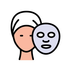 Sheet mask color icon. Skin care procedure. Cosmetic procedures for face and hair. A woman applies a hair and face mask, wraps her hair in towel. Simple flat illustration. Vector isolated drawing