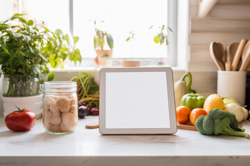 Modern Kitchen with Fresh Vegetables and Digital Tablet