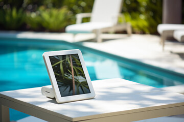 Luxury Poolside Relaxation with Tablet and Stylus
