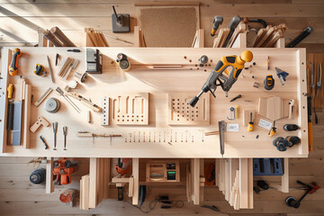 Organized Woodworking Workshop Table Overhead View - obrazy, fototapety, plakaty