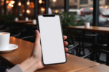 Hand Holding Smartphone with Blank Screen in Cafe