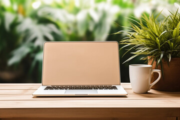 Laptop on Wooden Desk with Mug and Plants in Bokeh Background