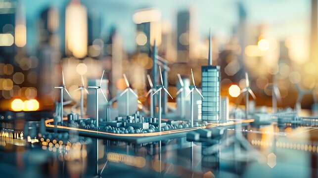Sustainable Future: Capturing the Essence of ESG Principles through a Wind Turbine Model, Set Against the Blurred Backdrop of a Modern Office Environment