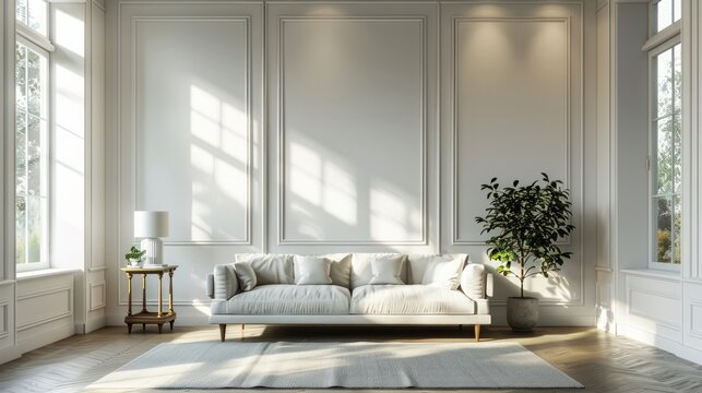 Minimal interior living room design with an empty white wall, Modern home decor, 3d render, Generative AI