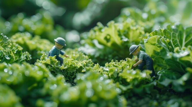 Micro photography, Miniature little gardeners figure working at a Lettuce farm, Generative AI