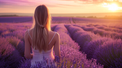 A beautiful woman with blonde hair stands in the middle of an endless lavender field, looking at...