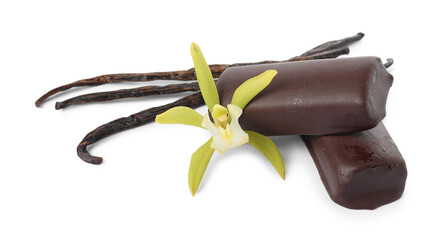 Glazed curd cheese bars, vanilla pods and flower isolated on white