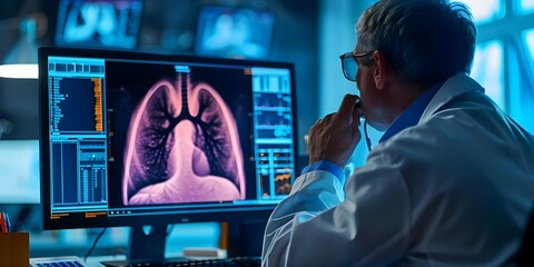 Doctor in white coat examines lung scan on futuristic biometric monitor. Concept Technology, Medicine, Diagnosis, Healthcare, Futuristic Technology