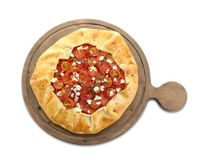 Tasty galette with tomato, thyme and cheese (Caprese galette) isolated on white, top view