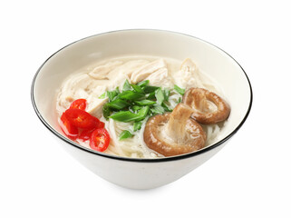 Delicious ramen with meat and mushrooms in bowl isolated on white. Noodle soup