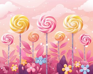 Kawaii lollipop garden, flat vector illustration, pastel swirls, sugary blooms