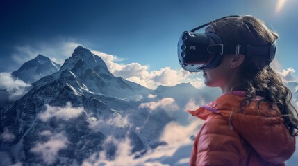 A female is in a virtual fantasy world with snow mountain forest when wearing VR headset.