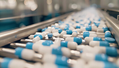blue and white pills being counted on the production line in a factory