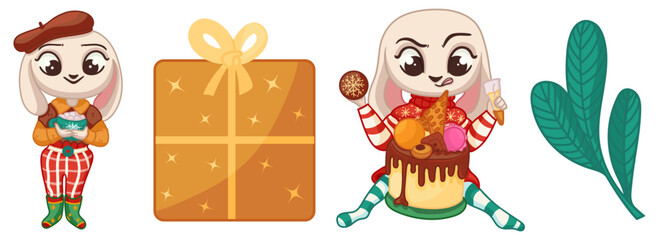 Christmas Items Set. Winter New Year elements. Vector hand draw illustration