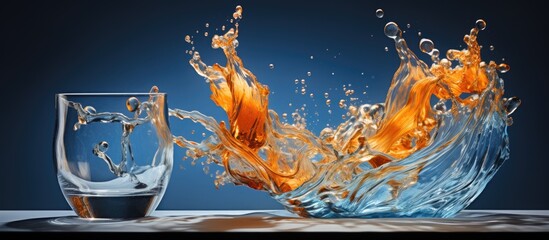 A close-up view of a clear glass filled with water and a splashing orange liquid - obrazy, fototapety, plakaty