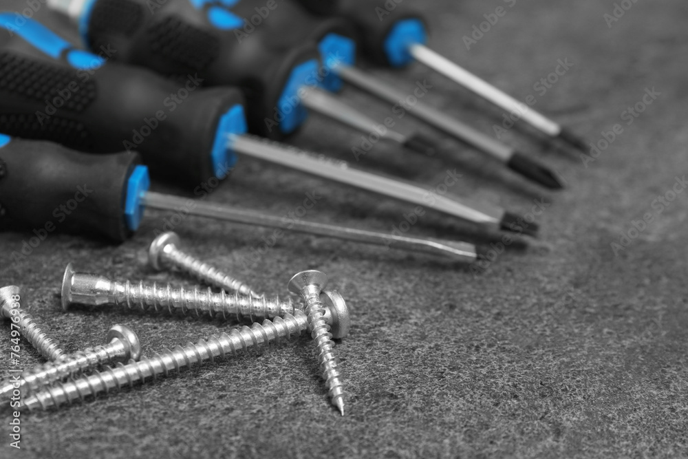 Wall mural set of screwdrivers and screws on grey table, closeup