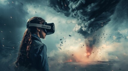 Obraz premium A female is in a virtual fantasy world of close contact with twister funnel when wearing VR headset.