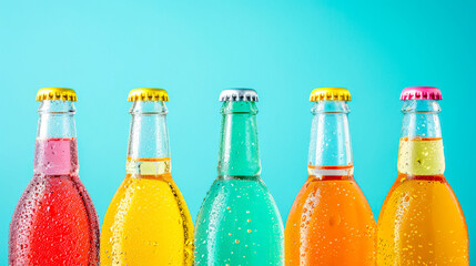 Colorful soda bottles with condensation