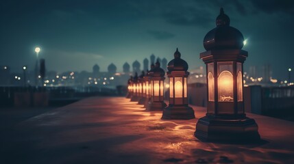 Obraz premium islamic lantern background Ideal for ramadhan festive, eid fitr, eid adha, islamic background , cozy, warm, holidays, invitations, and decorations, ratio 16:9px