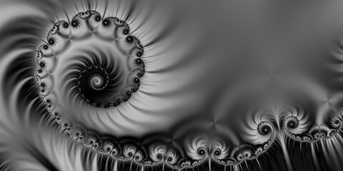 Black and white fractal spiral design, contemporary, modern  digital art, concept idea, 3D illustration, 3D rendering
