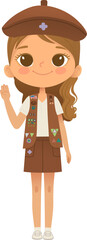 Young smiling girl scout wearing vest with badges isolated on white background. Female scouter, Brownie ligue Scout Girls troop - 764978340