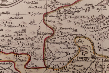 Old historical map with territory and rivers.