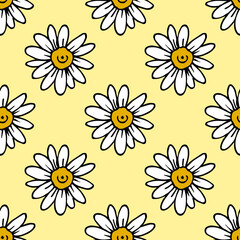 Seamless pattern in wondrous Chamomile on yellow background. Vector image.