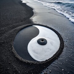 yin and yang on black sand near the water