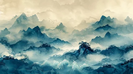 Türaufkleber In the style of a vintage Chinese cloud decoration, this abstract art landscape element includes a retro blue and green watercolor texture. © Mark