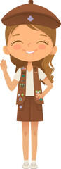 Young smiling girl scout wearing vest with badges isolated on white background. Female scouter, Brownie ligue Scout Girls troop - 764978581