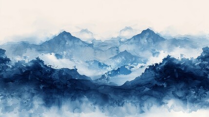 Japanese ocean wave pattern on blue brush stroke texture. Abstract art landscape banner with watercolor texture.