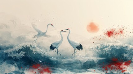 Crane birds modern on Japanese background with blue watercolor texture painting. Oriental wave pattern with ocean sea decoration banner design. Crane birds element.