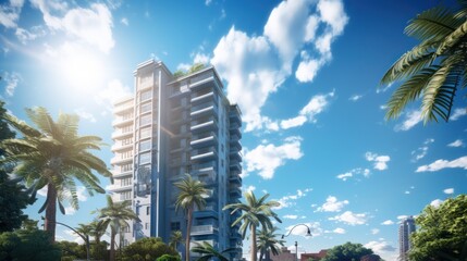 Fototapeta na wymiar Photorealistic Tall building and behind it a beautiful and sky