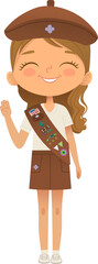Young smiling girl scout wearing sash with badges isolated on white background. Female scouter, Brownie ligue Scout Girls troop - 764979508