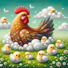A loving hen with ornate feathers surrounded by fluffy chicks in a blooming meadow