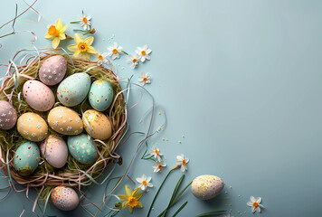 Easter basket with colorful eggs and daffodils on blue background